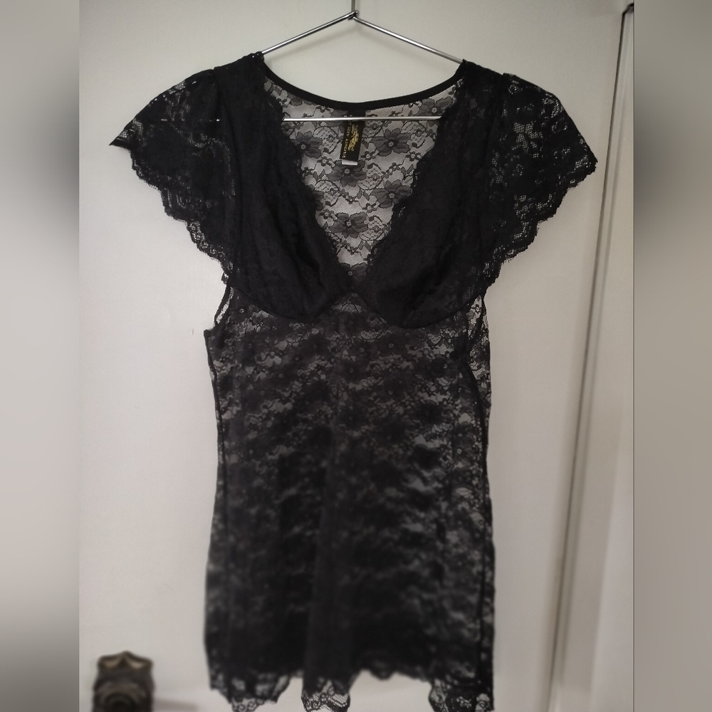 Just Sexy Lingerie Black Lace Sheer Cami Baby Doll Tag Size XL, Fit Size Small